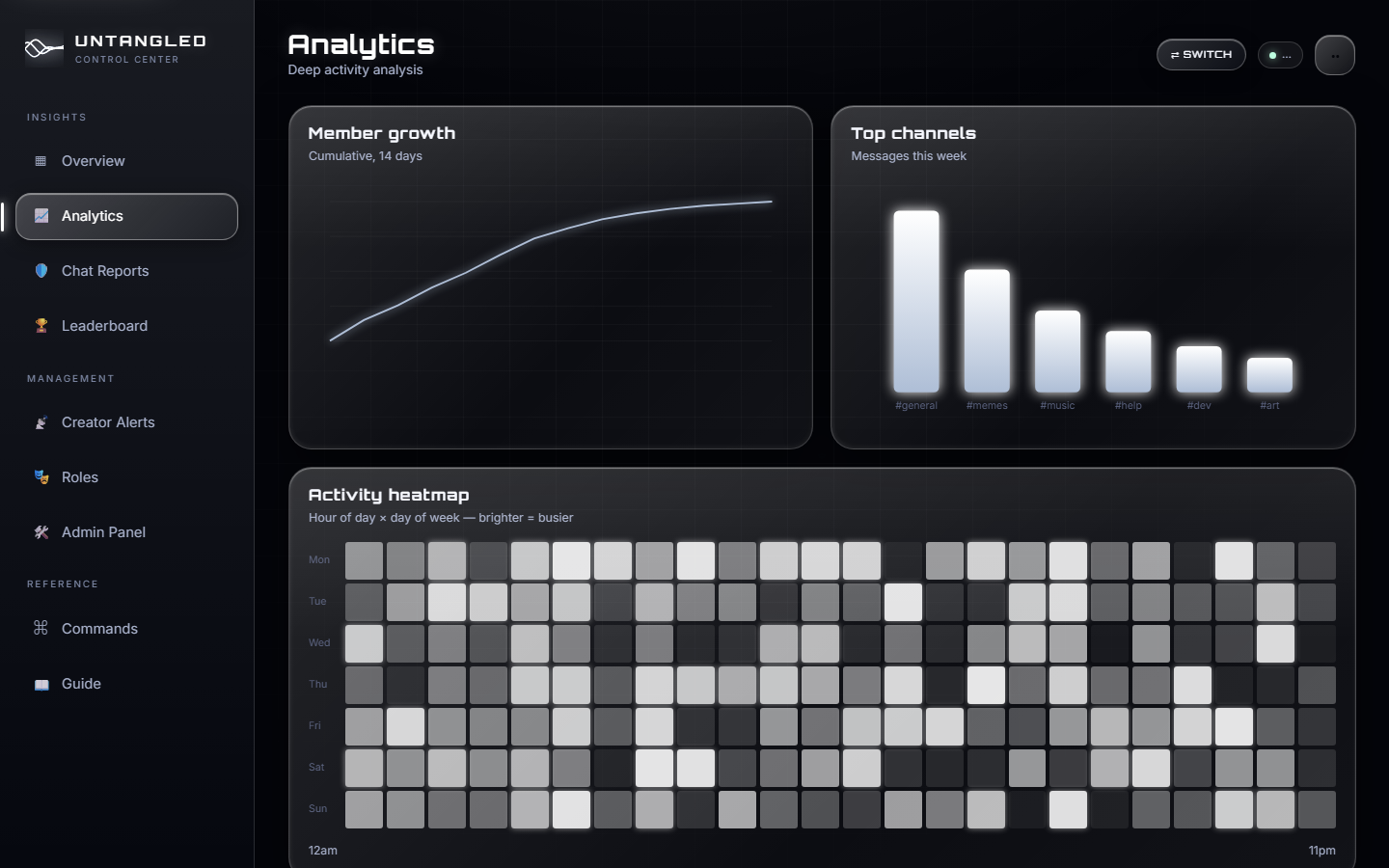 Analytics view — member growth, top channels and activity heatmap